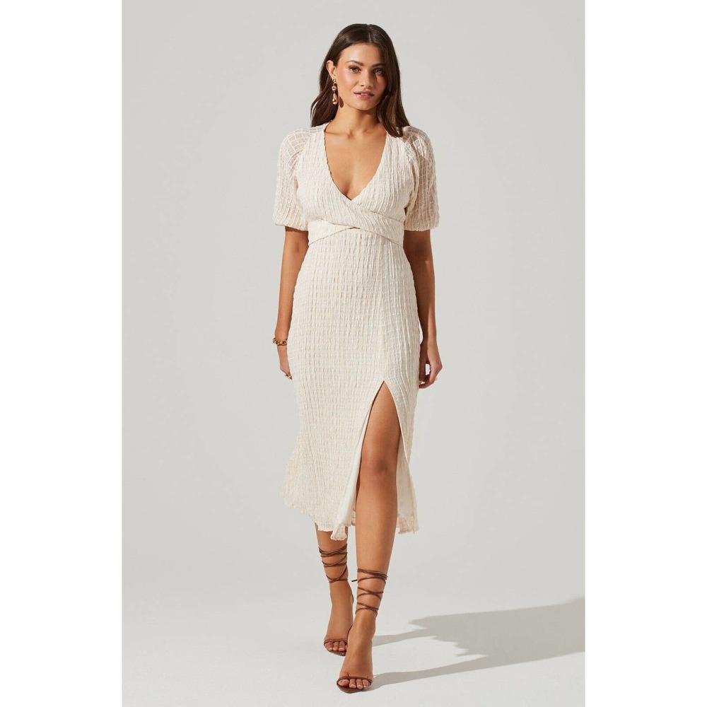 ASTR the Label Dress Womens Sz Medium Cream Crossover Midi Tie Back Slit Front